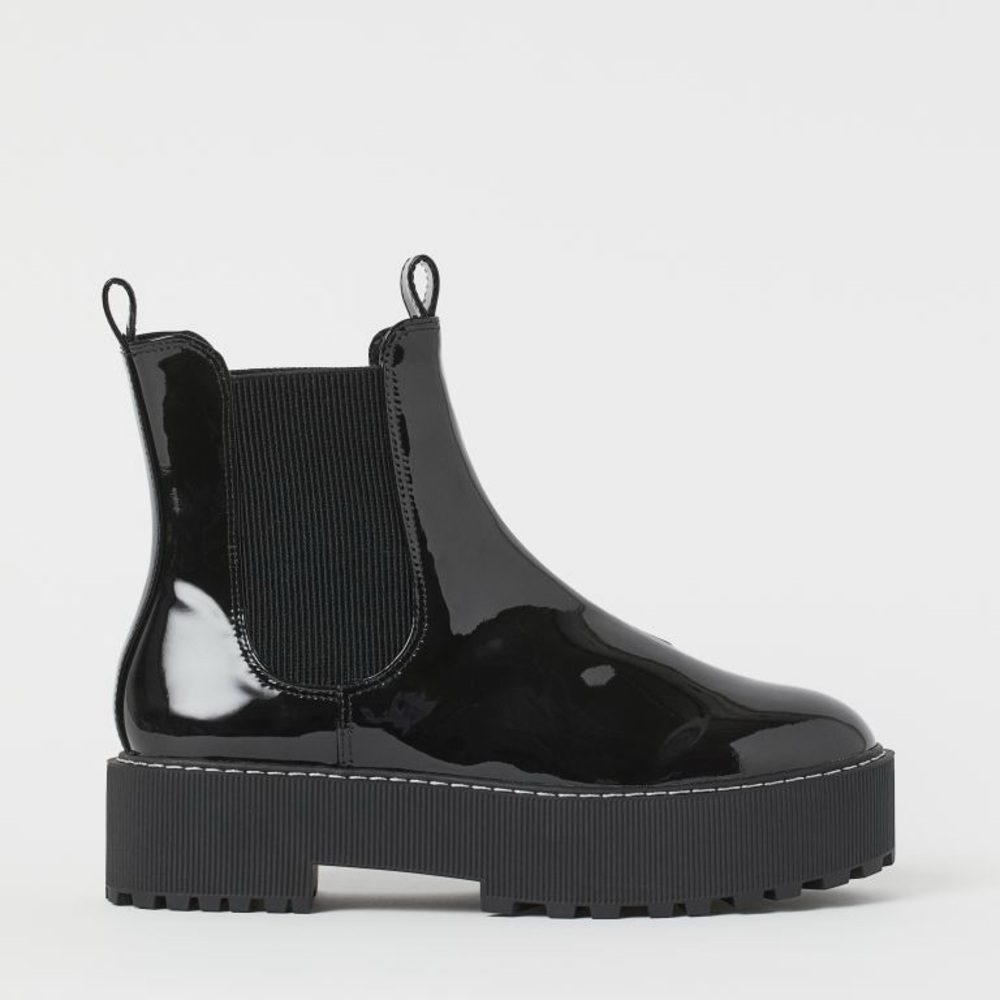 NWT H&M Black Patent Platform Chelsea Boots